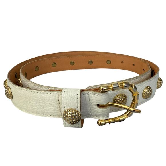 Bjou Linda Accessories - Vintage Belt Womens L White Leather Gold Metal Embellished Adjustable Old Money